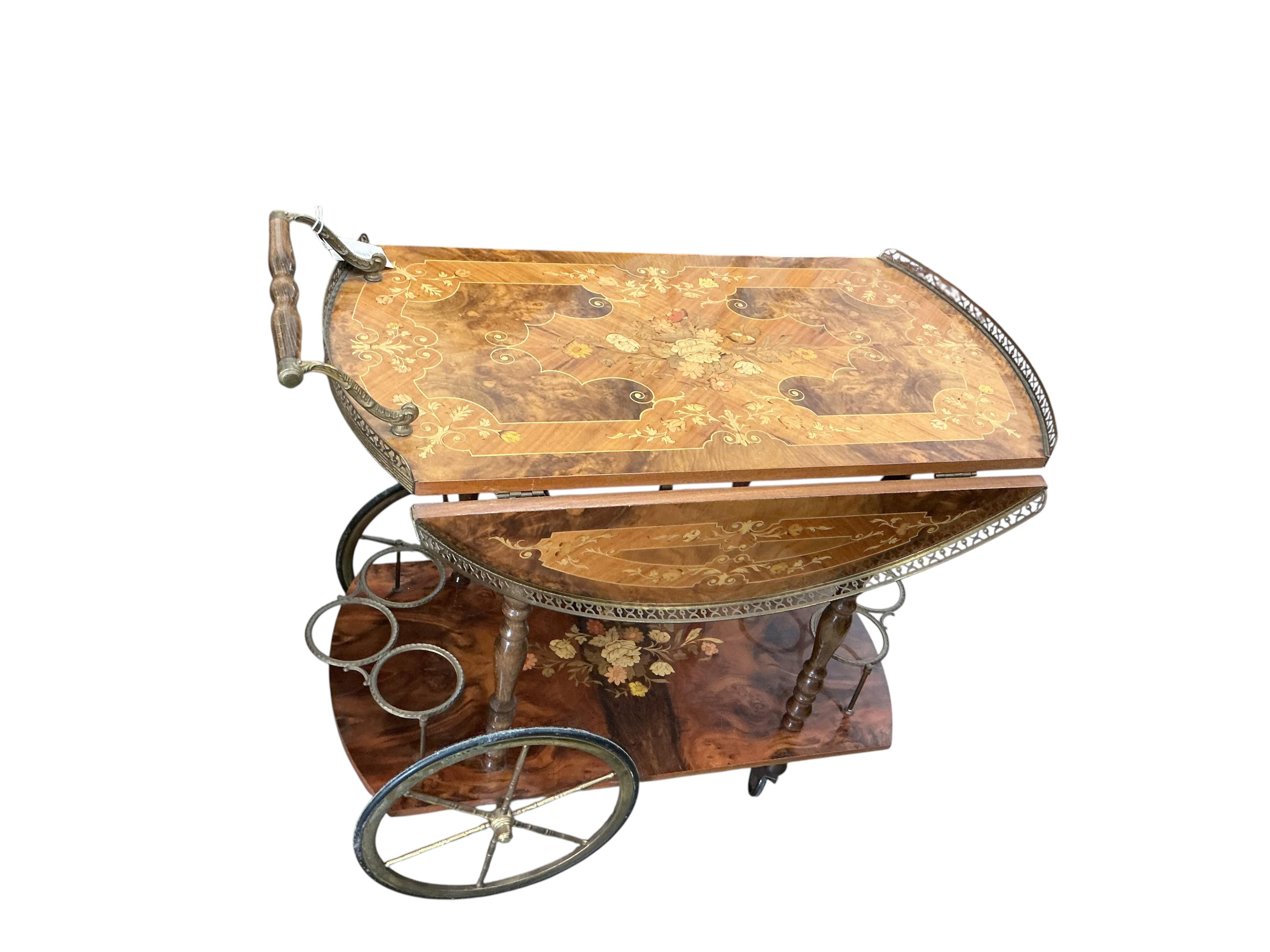 A Sorrento marquetry inlaid walnut and beech drop flap two tier drink's trolley, width 80cm, depth 48cm, height 74cm